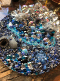 Load image into Gallery viewer, Lapis Lazuli and Blue Calcite Rhinestone Mirror, Crystal Resin table art, Witch altarpiece, Geode Table centerpiece