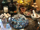 Load image into Gallery viewer, Lapis Lazuli and Blue Calcite Rhinestone Mirror, Crystal Resin table art, Witch altarpiece, Geode Table centerpiece