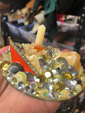 Load image into Gallery viewer, Crackled Orange Quartz and Rhinestone Mirror, Crystal Resin table art, Witch altarpiece, Geode Table Accent