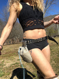 Load image into Gallery viewer, Silver Applique Leather Belt Bag, Tarot card Bag, Small Fanny Pack, Change purse, Drawstring Bag