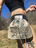 Load image into Gallery viewer, Silver Applique Leather Belt Bag, Tarot card Bag, Small Fanny Pack, Change purse, Drawstring Bag
