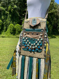 Load image into Gallery viewer, Teal and Green Goddess Bag, Ultimate Festival Fringe Bag, A Hippie Handbag with Boho Chic Embellishments.
