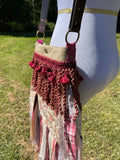 Load image into Gallery viewer, Pink and Maroon Flower Fringe Purse, Festival Fringe Bag, Hippie Handbag, Boho Chic Crossbody Messenger, Embellished purse