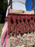 Load image into Gallery viewer, Pink and Maroon Flower Fringe Purse, Festival Fringe Bag, Hippie Handbag, Boho Chic Crossbody Messenger, Embellished purse