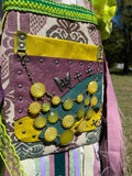 Load image into Gallery viewer, Funky Green and Purple Butterfly Fringe Purse, Ultimate Festival Fringe Bag with bright jeweled embellishments.