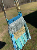 Load image into Gallery viewer, Teal and Green Bubble Print Fringe Purse, Festival Fringe Bag, Hippie Style Shoulder Bag, Crossbody Boho Purse