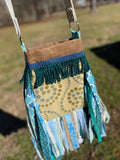 Load image into Gallery viewer, Teal and Green Bubble Fringe Purse, Festival Fringe Bag, Hippie Style Shoulder Bag, Crossbody Boho Purse