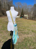 Load image into Gallery viewer, Teal and Green Bubble Print Fringe Purse, Festival Fringe Bag, Hippie Style Shoulder Bag, Crossbody Boho Purse