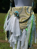 Load image into Gallery viewer, Teal &amp; White Lace Handbag, Hippie Chic Fringe Purse for Bohemian Fashionistas