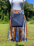Load image into Gallery viewer, Handmade Festival Bag with Navy Blue Fringe &amp; Copper Accents, Hippie Shoulder Purse