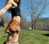 Load image into Gallery viewer, CHIRON RISING- Steampunk Belt - Channel your inner warrior with this Golden Brown Leather Patchwork Skirt - Perfect for Viking Costumes