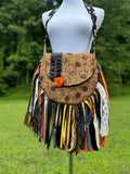 Load image into Gallery viewer, Embrace the Boho Vibe: Orange and Black Lace Fringe Purse, Hippie Handbag with Chic Embellishments!