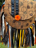 Load image into Gallery viewer, Embrace the Boho Vibe: Orange and Black Lace Fringe Purse, Hippie Handbag with Chic Embellishments!
