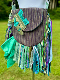 Load image into Gallery viewer, Embrace the Boho Vibe: Purple and Teal Lace Fringe Purse, Hippie Handbag with Chic Embellishments!