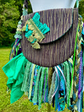 Load image into Gallery viewer, Embrace the Boho Vibe: Purple and Teal Lace Fringe Purse, Hippie Handbag with Chic Embellishments!