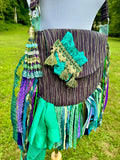 Load image into Gallery viewer, Embrace the Boho Vibe: Purple and Teal Lace Fringe Purse, Hippie Handbag with Chic Embellishments!