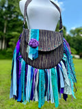 Load image into Gallery viewer, Embellished Purple and Teal Lace Fringe Purse - Boho Handbag, Hippie Style with a Chic Twist