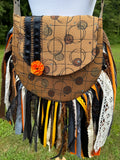 Load image into Gallery viewer, Embrace the Boho Vibe: Orange and Black Lace Fringe Purse, Hippie Handbag with Chic Embellishments!