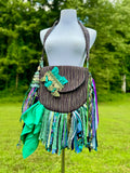 Load image into Gallery viewer, Embrace the Boho Vibe: Purple and Teal Lace Fringe Purse, Hippie Handbag with Chic Embellishments!