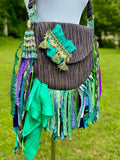 Load image into Gallery viewer, Embrace the Boho Vibe: Purple and Teal Lace Fringe Purse, Hippie Handbag with Chic Embellishments!