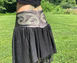 Load image into Gallery viewer, Black &amp; Silver Leather Applique Long Corset Belt, Leather Utility Belt, Burning Man Skirt, Steampunk costume, Rave Costume, Mad Max