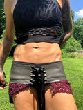 Load image into Gallery viewer, CLEARANCE, Leather Applique Long Corset Belt, Burning Man Skirt, Steampunk costume, Rave Costume, Mad Max
