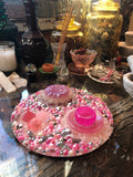 Load image into Gallery viewer, Rose Quartz and Rhinestone geode Mirror, Crystal Resin table art, Witch altarpiece, table centerpiece
