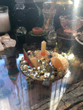 Load image into Gallery viewer, Crackled Orange Quartz and Rhinestone Mirror, Crystal Resin table art, Witch altarpiece, Geode Table Accent