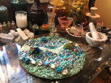 Load image into Gallery viewer, Green Aventurine and Amazonite, Rhinestone Geode Mirror, Crystal Gemstone table art, Witch altarpiece, Table Centerpiece