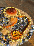 Load image into Gallery viewer, Crackled Orange Quartz and Yellow Calcite Rhinestone geode Mirror, Crystal Resin table art, Witch altarpiece