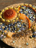 Load image into Gallery viewer, Crackled Orange Quartz and Yellow Calcite Rhinestone geode Mirror, Crystal Resin table art, Witch altarpiece