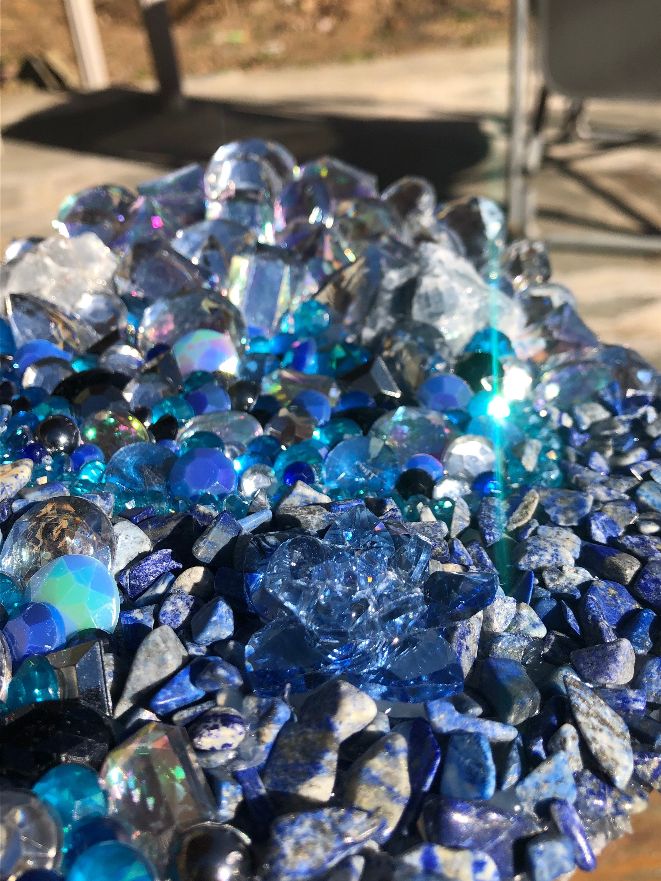 Lapis Lazuli and Blue Calcite Rhinestone Mirror, Crystal Resin table a –  EarthDancerExotics