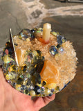 Load image into Gallery viewer, Crackled Orange Quartz and Rhinestone Mirror, Crystal Resin table art, Witch altarpiece, Geode Table Accent