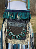 Load image into Gallery viewer, Funky Teal Green Fringe Purse, Boho Chic Embellished Bag with Vintage Vibes.