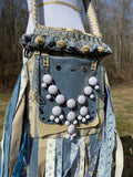 Load image into Gallery viewer, Earthy Blue Goddess Bag, Ultimate Festival Fringe Bag, A Hippie Handbag with Boho Chic Embellishments.