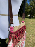 Load image into Gallery viewer, Pink and Maroon Flower Fringe Purse, Festival Fringe Bag, Hippie Handbag, Boho Chic Crossbody Messenger, Embellished purse