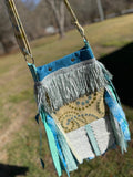 Load image into Gallery viewer, Teal and Green Bubble Print Fringe Purse, Festival Fringe Bag, Hippie Style Shoulder Bag, Crossbody Boho Purse