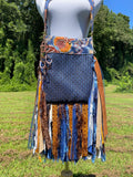 Load image into Gallery viewer, Handmade Festival Bag with Navy Blue Fringe &amp; Copper Accents, Hippie Shoulder Purse